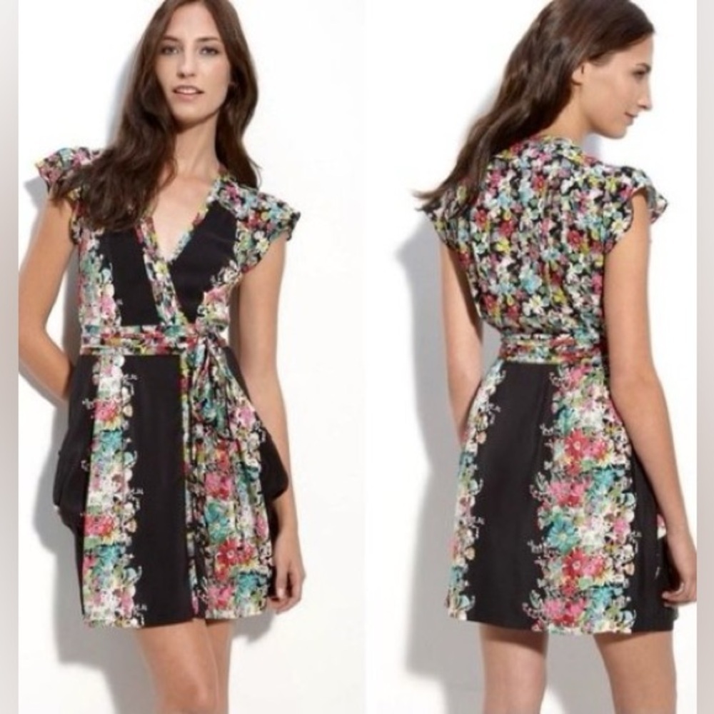 Vintage - Nanette Lepore 2000’s Y2K Black Floral Cross Tie Silk Dress